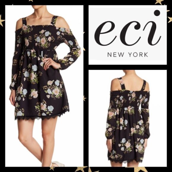 NWT MSRP $128 ECI Floral Smocked Cold Shoulder Dress Women's Size Small - Picture 1 of 8